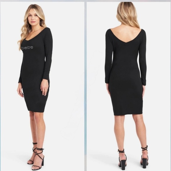 BeBe Striped Black And Grey Metallic Long Sleeve Bodycon Sweater Dress - Picture 2 of 10